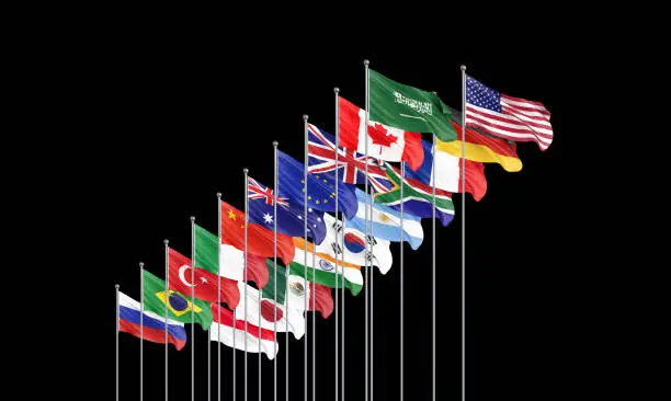 3d  Illustration. Waving flags countries of members Group of Twenty. Big G20 21-22 November 2020 in the capital city of Riyadh, Saudi Arabia. Isolated on black.