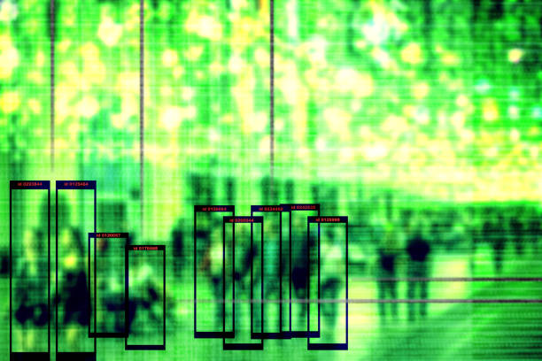 istock Conceptual image - face recognition technology concept illustration of big data and security in city. People walk on evening street, night vision ai system is watching them. 1197073351