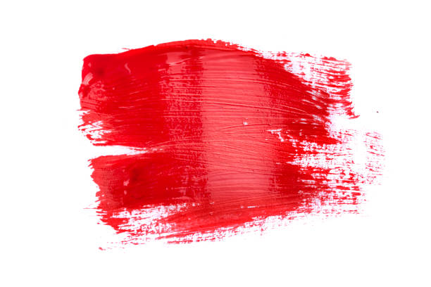 brosse de peinture acrylique rouge d'isolement sur le fond blanc - blob palette creativity damaged photos et images de collection