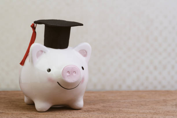 istock Education fund, Scholarships, university cost and expense or saving for student loan concept, smiling pink piggy bank wearing graduated hat on wooden table, gray background 1197075854