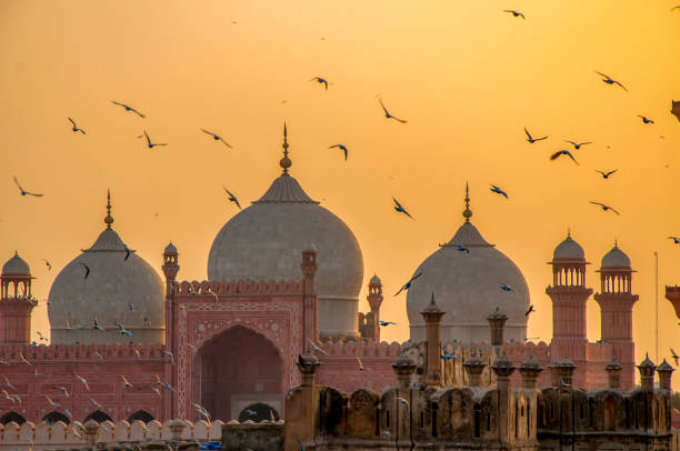 Flying birds over the mosque Fascinating view of Badshahi mosque during sunset. This is biggest mosque in the world lahore pakistan photos stock pictures, royalty-free photos & images