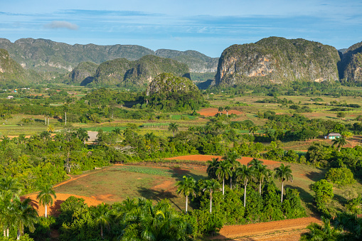 Panoramic view over landscape with mogotes in Vinales Valley, Cuba.