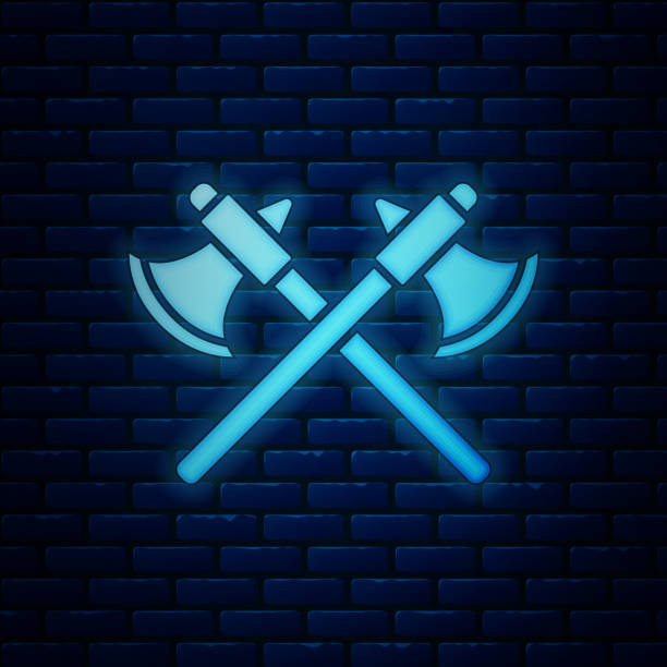 istock Glowing neon Crossed medieval axes icon isolated on brick wall background. Battle axe, executioner axe.  Vector Illustration 1197085019