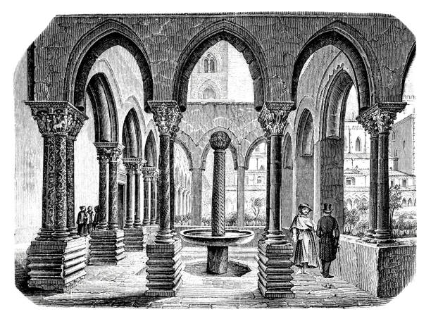 Cloister of the cathedral in Monreale Illustration from 19th century cloister stock illustrations