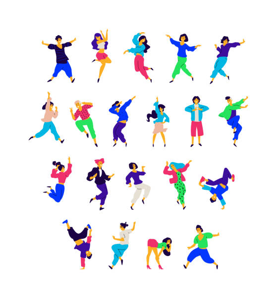 ilustrações de stock, clip art, desenhos animados e ícones de a group of dancing people in different poses and emotions. vector. illustrations of men and women. flat style. a group of happy teenagers are dancing and having fun. figure for packaging. dance studio. - animated cartoon music teens arts and entertainment