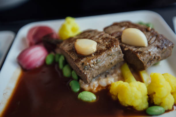 Business Class food on tray.