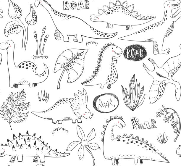 illustrazioni stock, clip art, cartoni animati e icone di tendenza di motivo vettoriale senza cuciture con dinosauri disegnati a mano e foglie e fiori tropicali. - monster set pattern green