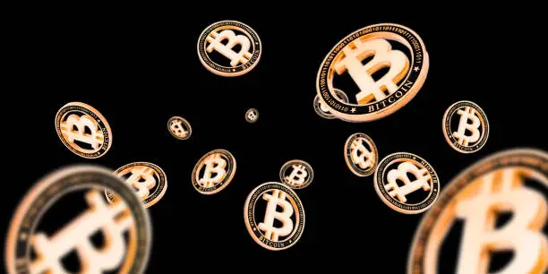 Bitcoin Cash. Gold Falling Cryptocurrency. Falling coins isolated on black. Litecoin, Ethereum Cryptocurrency background. Bitcoin concept