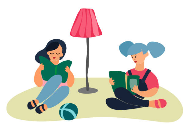 ilustraciones, imágenes clip art, dibujos animados e iconos de stock de chicas leyendo libros por una lámpara de piso - childrens literature