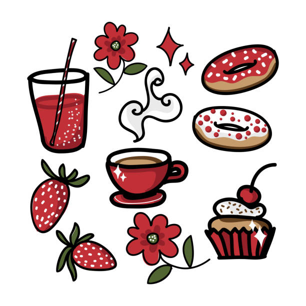 ilustraciones, imágenes clip art, dibujos animados e iconos de stock de conjunto de bebidas lindas con dulces, fresa y flor. diseña el estilo de garabato. ilustración vectorial. - flower cherry cup tea