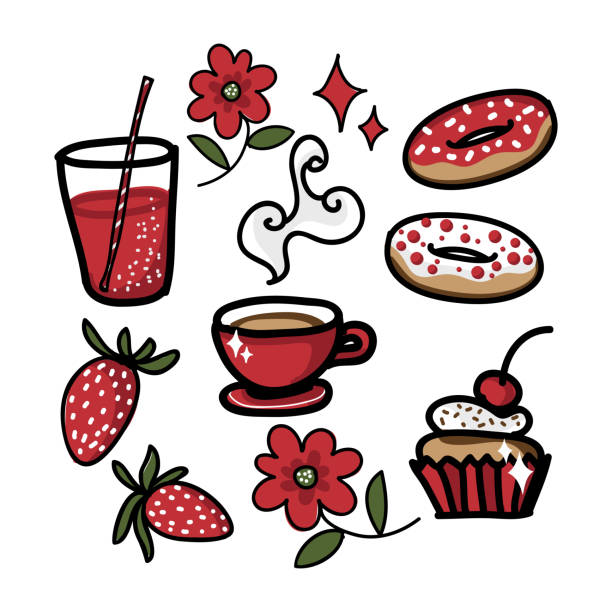 ilustrações de stock, clip art, desenhos animados e ícones de set of cute drinks with sweets, strawberry and flower. design doodle style. vector illustration. - flower cherry cup tea