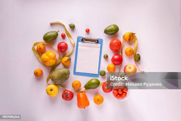 Flat Lay Of The Blank Paper Sheet Mockup For The Diet Plat Recipe Raw Fresh Fruit On Table Stock Photo - Download Image Now