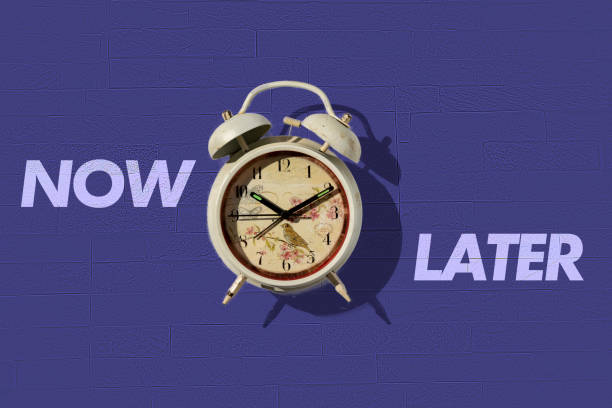 simple retro alarm clock on color background with words now and later, motivation idea