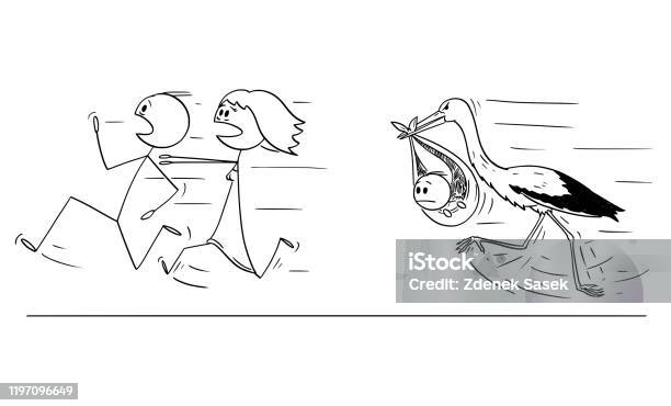 Ilustración de Ilustración De Dibujos Animados Vectoriales De Parejas O Padres Que Huyen De Stork Carrying Ilustración de Ilustración De Dibujos Animados Vectoriales De Parejas O Padres Que Huyen De Stork Carrying