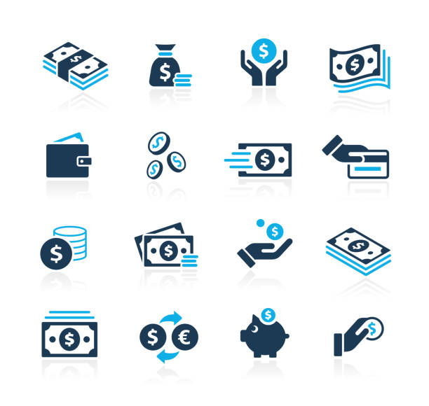 illustrazioni stock, clip art, cartoni animati e icone di tendenza di icone denaro // serie di azure - finanziario