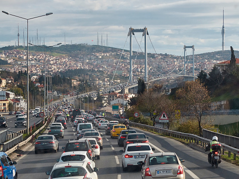 Istanbul, Turkey - December 2019. Traffic jam near Bosphorus bridge.