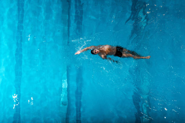 vue supérieure du nageur beau faisant la natation de dos dans la piscine - dos crawlé photos et images de collection