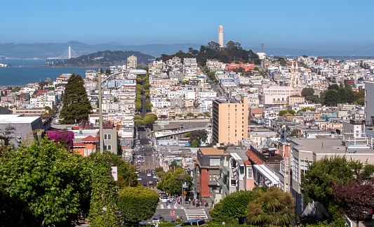Aerial view of San Francisco from Lombard Street Hill, California USA