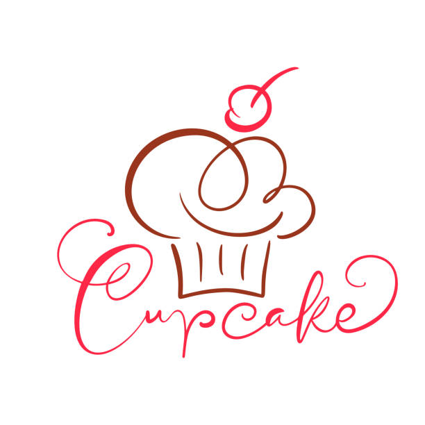 ilustraciones, imágenes clip art, dibujos animados e iconos de stock de texto caligráfico vectorial cupcake con logotipo. cupcake dulce con crema, elemento de diseño de plantilla de emblema de postre vintage. candy bar cumpleaños o invitación de boda - chocolate chocolate candy cupcake pink