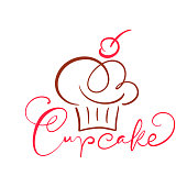 istock Cupcake vector calligraphic text with logo. Sweet cupcake with cream, vintage dessert emblem template design element. Candy bar birthday or wedding invitation 1197100371
