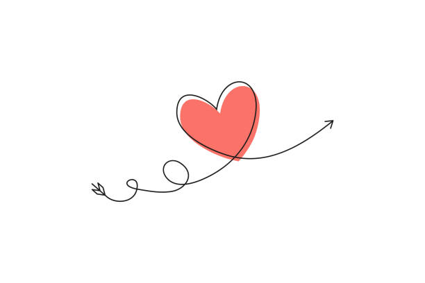 Cupid s arrow in the continuous drawing of lines in the form of a heart and the text love in a flat style. Continuous black line. Work flat design. Symbol of love and tenderness. vector art illustration