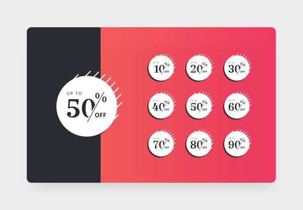 Set of discount price tags. Badges template 10 off, 20, 30, 40, 50, 60, 70, 80, 90 percent sale label symbols, discount promotion icon. 40 off stock illustrations