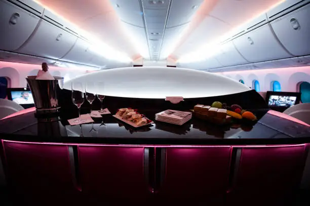 Business class inflight snack bar and cabin view.