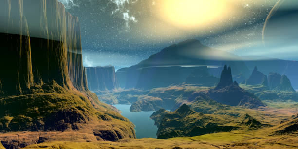 istock Alien Planet. Mountain and lake. 3D rendering 1197112307