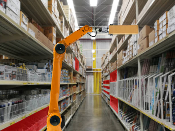 istock Industrial and automated storage technology with a mechanical arm 1197112354