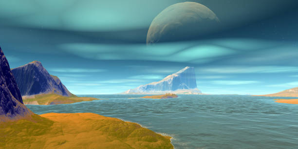 istock Alien Planet. Mountain and lake. 3D rendering 1197112462