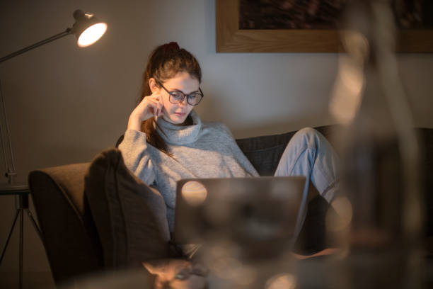 istock Laptop sofa evening woman. 1197112507