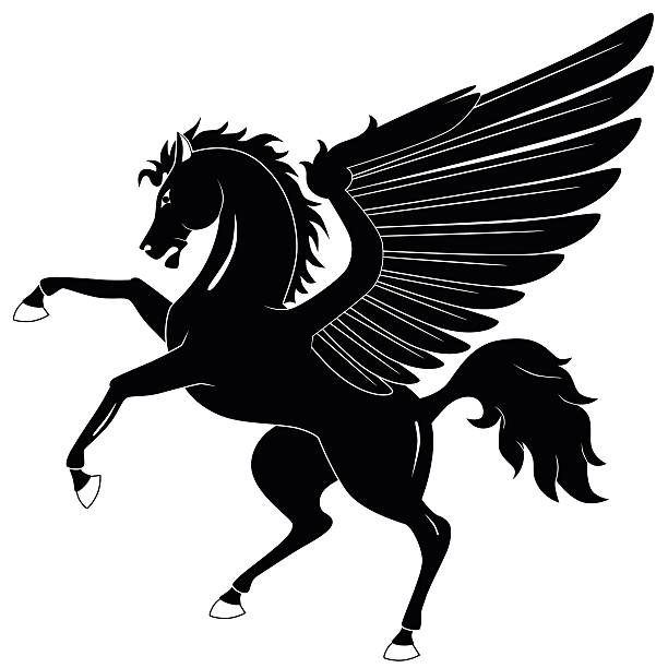 ilustraciones, imágenes clip art, dibujos animados e iconos de stock de pegasus - mythology horse pegasus black and white