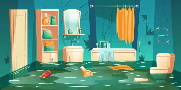 Vector illustration of Bathroom flooded interior cartoon insurance