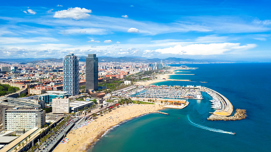 Barcelona, Spain aerial panorama Somorrostro beach, view central district cityscape outdoor catalonia
