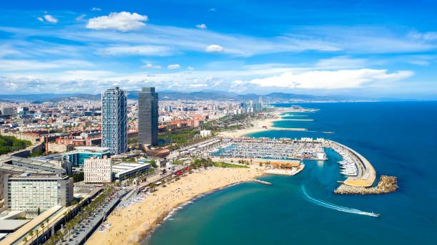 Barcelona, Spain aerial panorama Somorrostro beach, top view central district cityscape outdoor catalonia skyline Barcelona, Spain aerial panorama Somorrostro beach, view central district cityscape outdoor catalonia barcelona beach stock pictures, royalty-free photos & images