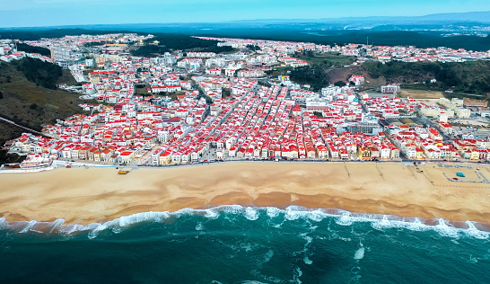 Nazare, Portugal - 30 september: aerial panorama view resort town ocean city beach, summer