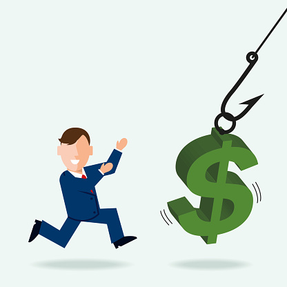 Vector Illustration of a Man Looking Up at Fishing Hook with a Bait Green Dollar Sign