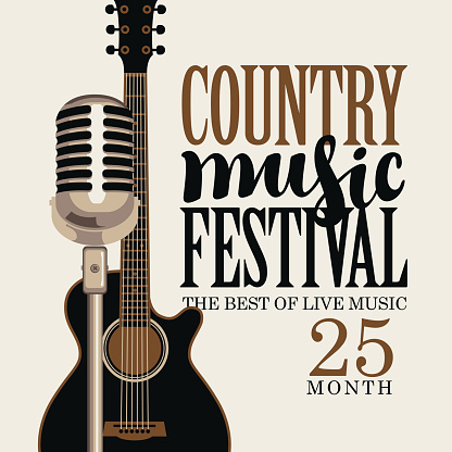 Vector poster for festival of live country music with electric guitar and microphone on a light background in retro style