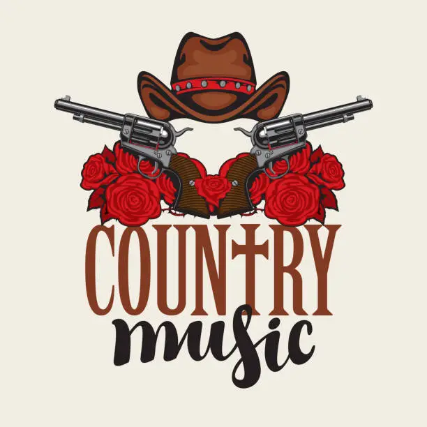 Vector illustration of country music emblem with hat, pistols and roses
