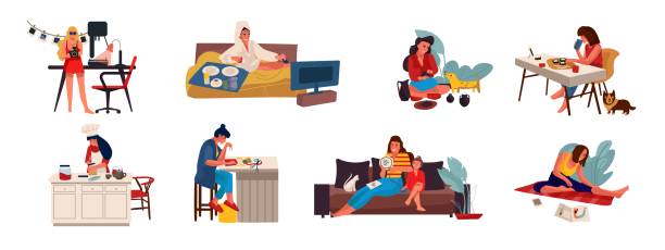 ilustrações de stock, clip art, desenhos animados e ícones de 1906.m30.i210.n023.s.c12.1150342679 people with hobbies. flat creative characters cooking playing sewing and doing hobbies at home. vector cartoon men and women - diy craft