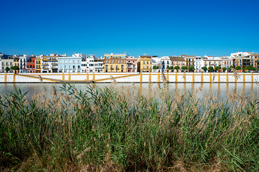 Andalucia river, view of houses and apartments in the Triana barrio quarter of Seville - Sevilla - alongside the Rio Guadalquivir in Andalucia, Spain.