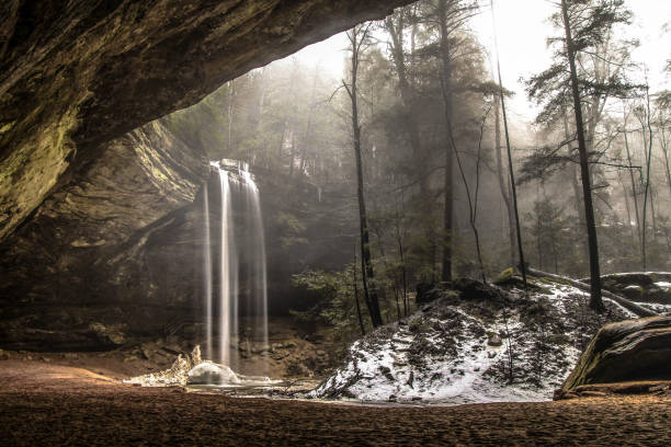 Foggy spring morning at the Ash Cave Scenic area in Hocking Hills State Park in southeastern Ohio. Hocking Hills is one of Ohio's most visited state parks.