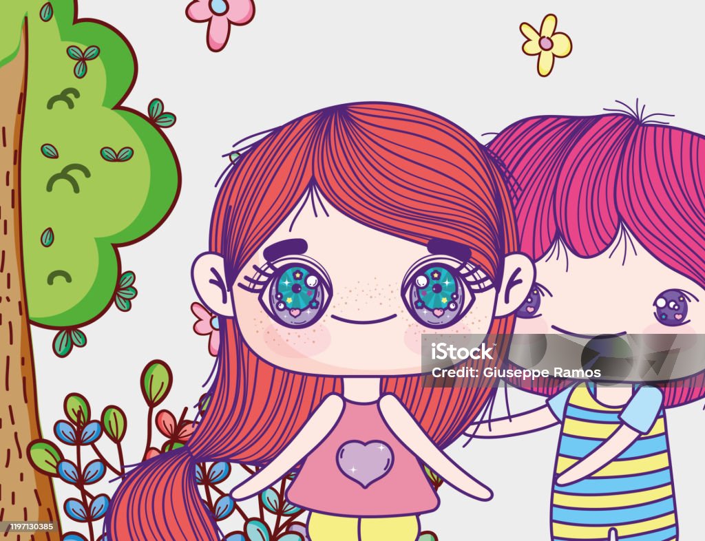 Ilustración de Niños Niña Y Niño Anime Personajes De Dibujos Animados  Flores De Árbol y más Vectores Libres de Derechos de Aire libre - iStock