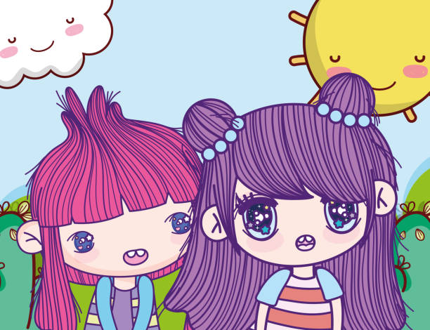 Ilustración de Niños Niñas Pequeñas Anime Dibujos Animados Soleado Día  Paisaje y más Vectores Libres de Derechos de Alegre - iStock