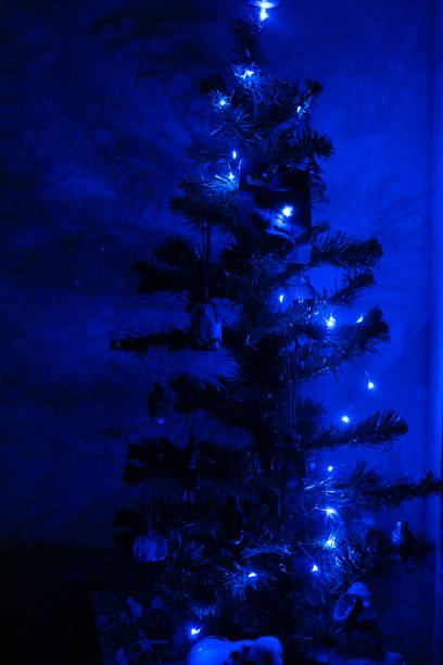 istock Christmas tree with blue garland in the dark 1197131678