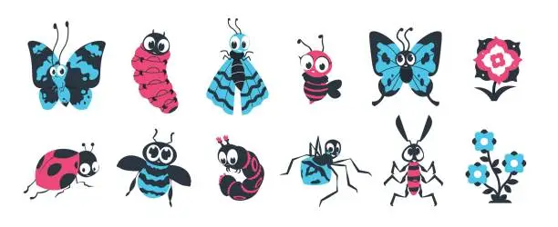 Vector illustration of 1908.m30.i010.n025.S.c12.564119176 Cute insects. Cartoon bugs with happy face, spider caterpillar butterfly and other colorful characters for vector children illustration