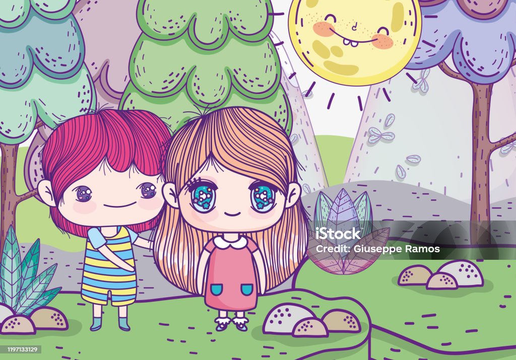 Ilustración de Niños Lindo Niño Y Niña Anime Dibujos Animados Paisaje Día  Soleado y más Vectores Libres de Derechos de Alegre - iStock