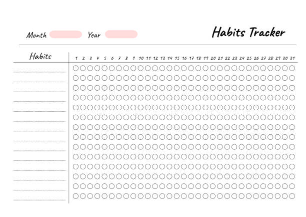 ilustrações, clipart, desenhos animados e ícones de hábitos tracker modelo imprimível vetor. página branca em branco do caderno a4 - tracker