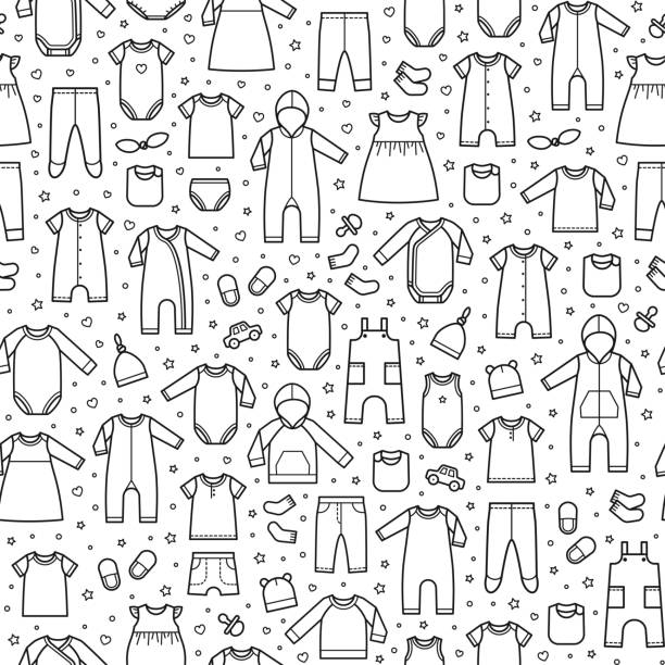 ilustraciones, imágenes clip art, dibujos animados e iconos de stock de ropa y accesorios para bebés. patrón sin costuras. ilustración vectorial en estilo lineal plano - vector illustration and painting backgrounds sock