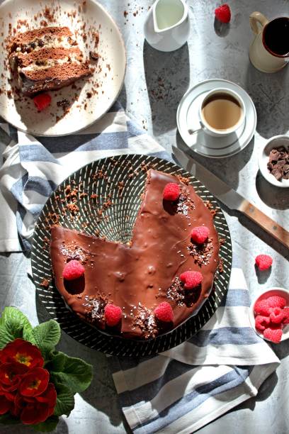 istock Chocolate cake with fruits on stone background. 1197136967